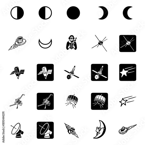 Space astronomy moon phases satellite astronaut rocket star ufo radar spacecraft cosmic universe science icon set vector illustration