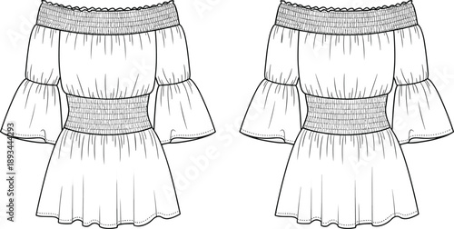 Off shoulder smocked mini dress technical fashion illustration with front and back views, ruffle neckline and bell sleeves