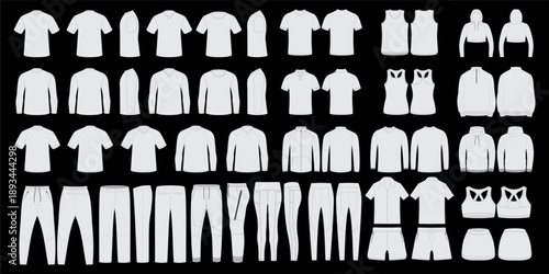 Clothing apparel fashion outfit garment wardrobe tshirt hoodie jacket sweater polo tanktop sportswear activewear mockup template outline vector illustration design set
