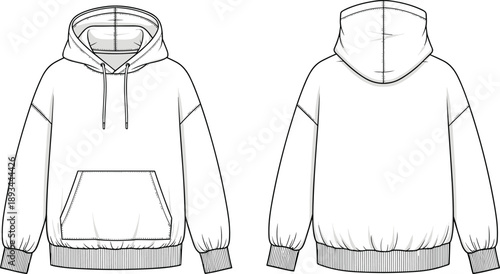 Pullover hoodie technical fashion flat sketch with front and back views, drawstring hood, kangaroo pocket and rib hem