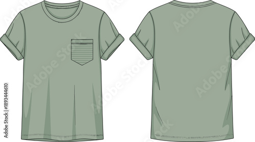Rolled sleeve pocket t shirt technical fashion illustration with front and back views casual apparel design