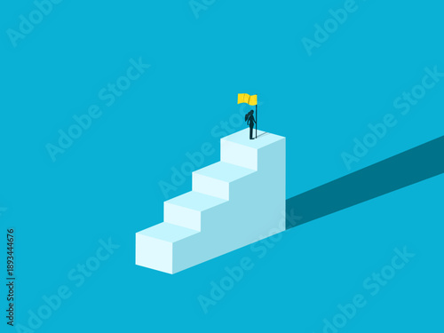 businesswoman held the victory flag and stood at the top of the ladder