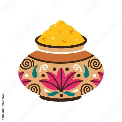 Yellow gulal powder vector icon. Vibrant dye for the Indian festival of Holi. A clay pot with ethnic ornament, lotus, curls. Colored bright dust, pigment. Hand drawn cartoon clipart, spring holiday