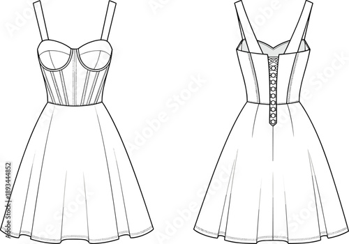 Women corset dress technical fashion illustration with spaghetti straps, structured bodice, flared skirt, lace-up back, front and back view