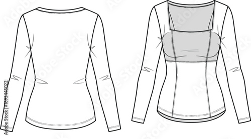 Women long sleeve square neck top technical flat sketch front and back view, fitted blouse vector fashion template