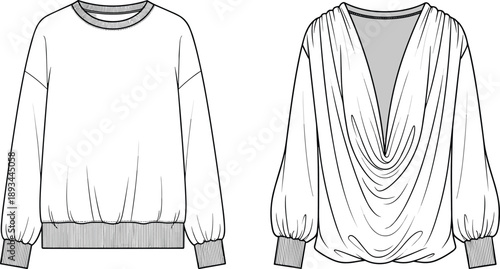 Women long sleeve top technical fashion drawing with crew neck and draped cowl neckline front view illustration