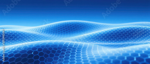 Honeycomb patterns with blue gradients extend over a wavy base, creating a visual effect with both technological and futuristic vibes, making it a background material suitable for tech summits and pro