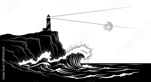 Lighthouse Standing on Rocky Coastline against Moon.