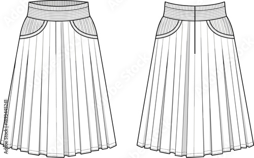 Women pleated midi skirt technical fashion illustration showing front and back views with pockets, high waist design flat vector template