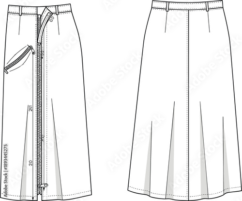 Women midi skirt technical flat sketch front and back view with zipper closure and pocket detail, vector illustration