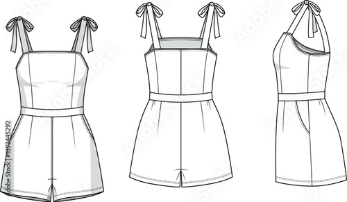 Women romper technical fashion illustration with front back and side views, bow tie shoulder straps, fitted bodice and shorts