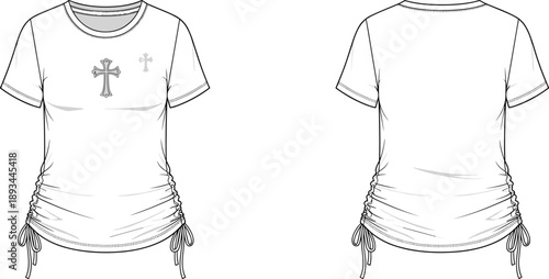 Women ruched drawstring t shirt technical fashion illustration showing front and back views, short sleeve fitted top flat vector design