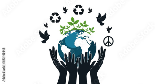 Hands Holding Earth with Eco Symbols.