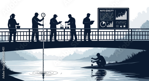 Group of People Fishing from Bridge.