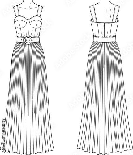 Women sleeveless pleated maxi dress technical fashion flat sketch with front and back views, fitted bodice, belt detail and flowing skirt