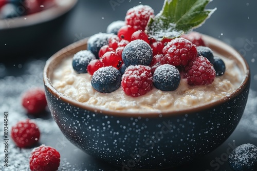 Bowl of oat with berries and powder.
