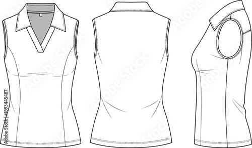 Women sleeveless polo top technical flat sketch with front back and side views, collar neckline details, fashion design template illustration