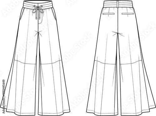 Women wide leg pants technical flat sketch front and back view with drawstring waist and pockets, vector template