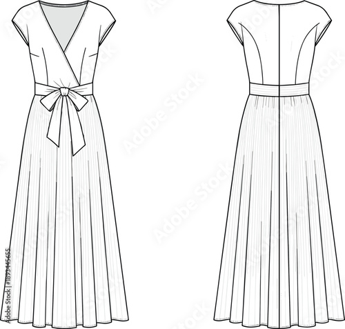 Women wrap maxi dress technical fashion illustration with short sleeves, V-neck, tie waist belt, pleated skirt, front and back view