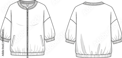 Women zip up bomber jacket technical fashion illustration showing front and back views, oversized sleeves with ribbed cuffs hem flat vector