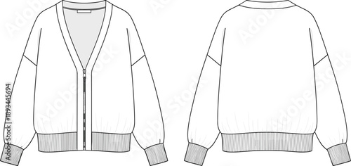 Women zip up cardigan jacket technical flat sketch showing front and back views, ribbed hem cuffs, fashion design template illustration