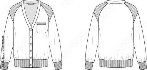 Women’s button cardigan technical fashion illustration with V-neck, raglan sleeves, ribbed cuffs and hem, front and back flat views