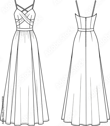 Women’s elegant maxi dress technical fashion illustration with front and back views, spaghetti straps, wrap bodice, long flowing skirt