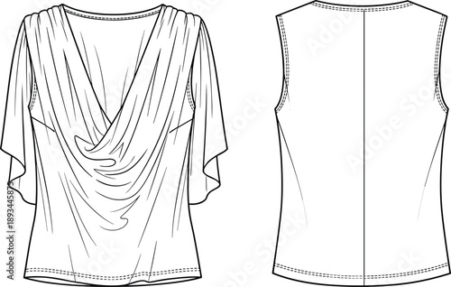 Women’s draped cowl neck blouse technical fashion illustration showing front and back view flat design isolated on white