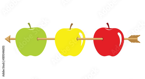 Three apples green yellow and red pierced by an arrow