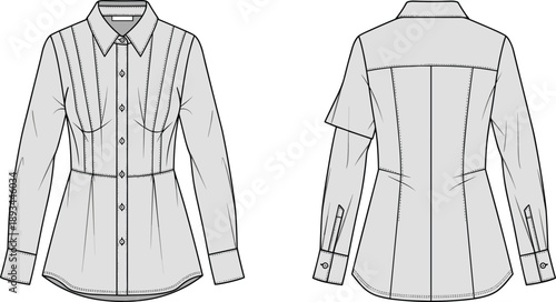 Women’s tailored button-up shirt technical drawing with front and back views, long sleeves, seam details, fashion flat sketch