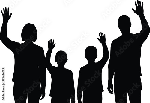 Silhouette of a family with two children waving their hands in the air.