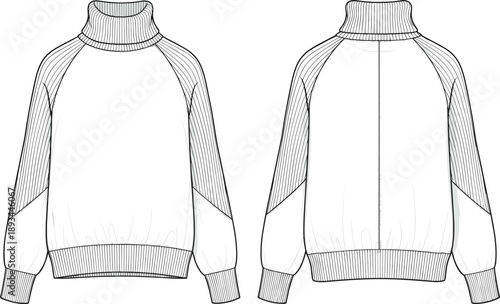 Women’s turtleneck sweatshirt technical fashion illustration with front and back views, raglan sleeves, rib knit collar cuffs hem flat sketch