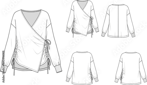 Women’s wrap blouse technical fashion illustration with ruched side drawstring detail showing front and back flat views