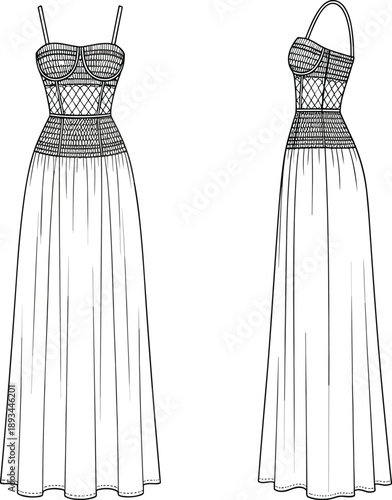 Women's Elegant Maxi Dress Technical Fashion Illustration with Front and Side Views, Corset Bodice and Flowing Skirt Flat Sketch