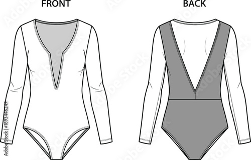 Women's long sleeve deep V neck bodysuit technical fashion flat sketch with front and back views for apparel design