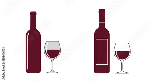 Illustration of wine bottles and glasses with dark red liquid