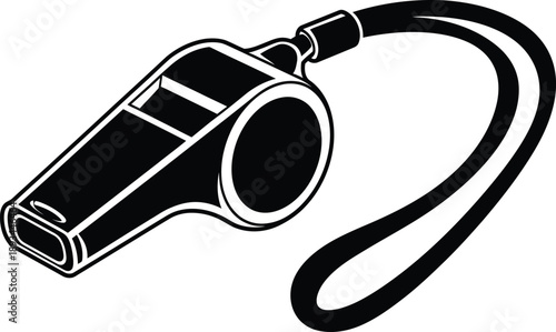 Black and white illustration of a classic sports whistle with a lanyard, perfect for representing sports, coaching, and officiating