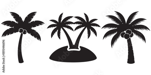 Palm tree silhouette collection with coconuts and island sun