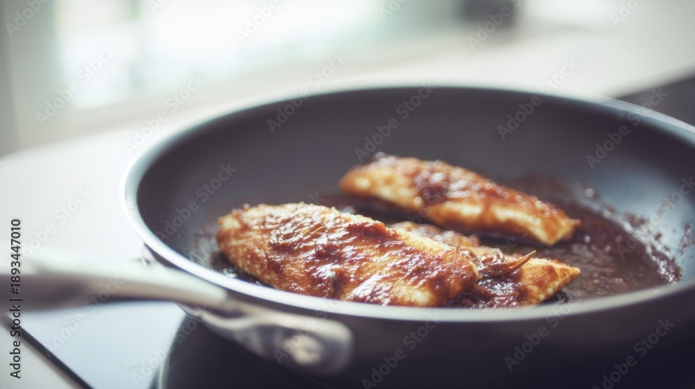 Fototapeta premium Pan-seared fish fillets with tangy plum marinade in a modern kitchen. Generative AI