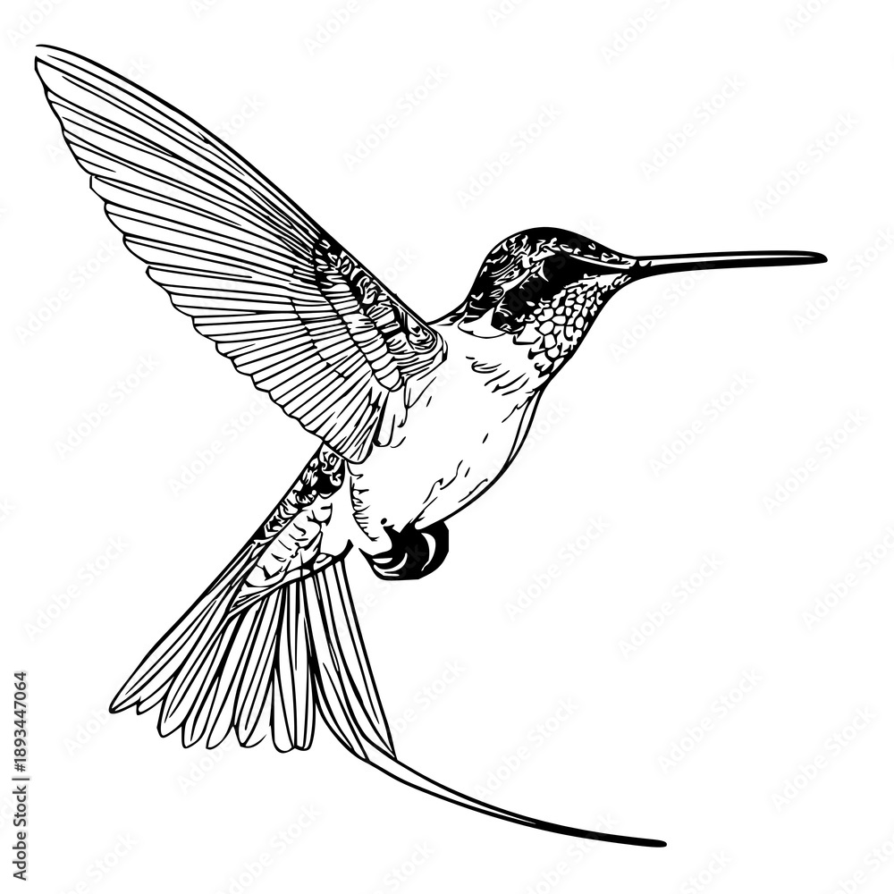 Fototapeta premium Graceful Hummingbird in Flight: Dynamic Line Art Illustration Capturing Natural Motion and Delicate Wings on a Clean Background