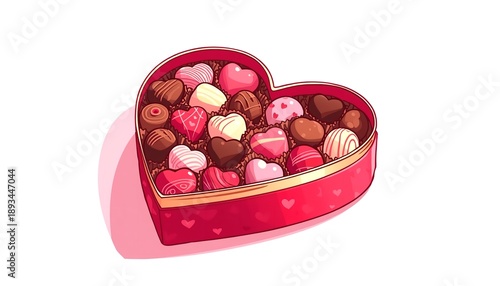 A heart-shaped box filled with assorted chocolates on a white background