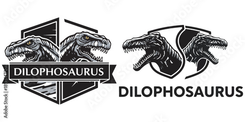Dilophosaurus dinosaur heads in shield logo formation aggressive look