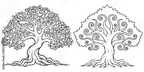 set stylized black and white line art trees with unique shapes  silhouette art and illustrator eps 10