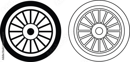 Vector Graphic Icons of a Detailed Wheel Design in Solid Black and Outline Styles