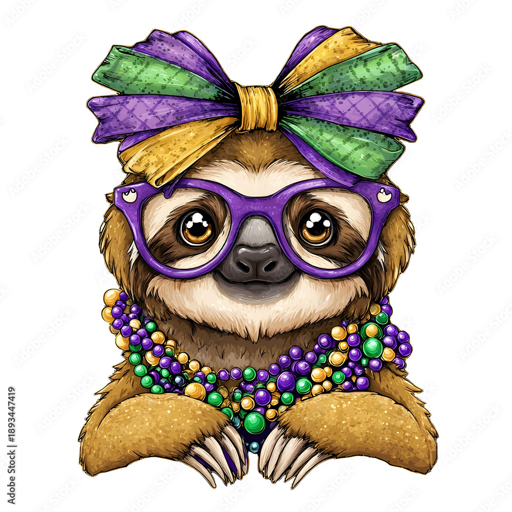 Obraz premium Sloth with big glasses and Mardi Gras beads