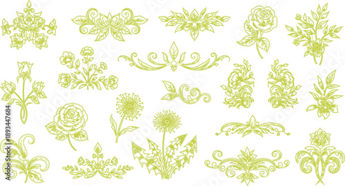 Seamless green floral pattern with leaves and flowers