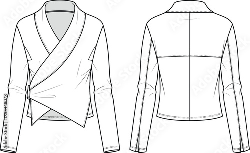 Women wrap blazer technical drawing with front and back views, shawl collar, long sleeves, fashion flat sketch