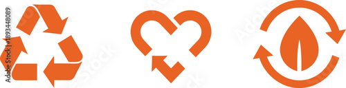 Set of three orange icons symbolizing recycling, love for nature, and environmental protection with arrows and leaf motif