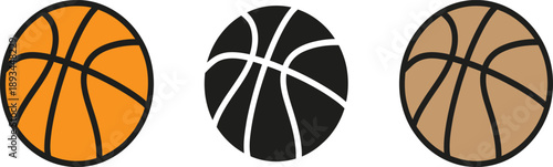 Three basketballs in different colors and styles for sports and games