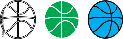 A trio of basketball icons in black and white, green, and blue, showcasing a simple, stylized design of a sports ball, perfect for graphic representation